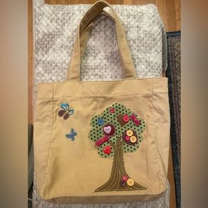 Unique tote bag with whimsical tree and butterfly designs, Embellished, Tan